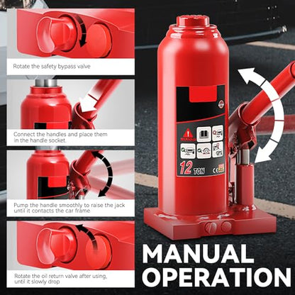 Auto Dynasty 12 Ton Hydraulic Bottle Jack, Automotive Welded Bottle Jack for Car, Pickup Truck, RV, Auto Repair, 9" to 18" Lifting Range (Red) - color: Red, size: 12 Ton