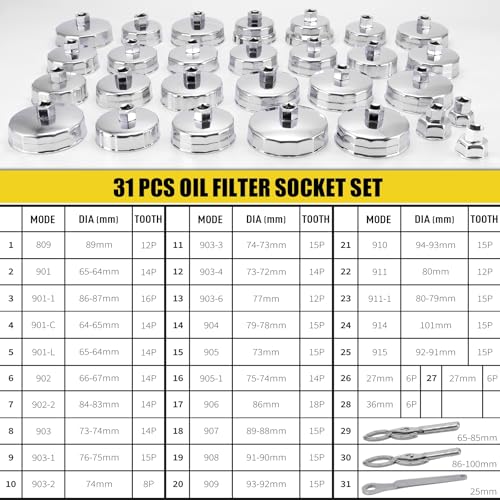 31PCS Oil Filter Wrench Set, Stainless Steel Oil Filter Cap Socket, 1/2" Drive 27mm 32mm 36mm 64mm-101mm Oil Filter Removal Tool, Compatible with VW, Ford, Honda, Toyota, Nissan, Audi, BMW, etc