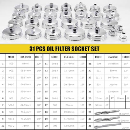 31PCS Oil Filter Wrench Set, Stainless Steel Oil Filter Cap Socket, 1/2" Drive 27mm 32mm 36mm 64mm-101mm Oil Filter Removal Tool, Compatible with VW, Ford, Honda, Toyota, Nissan, Audi, BMW, etc