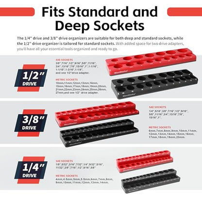MaxWorks 6-Piece Magnetic Socket Organizer Set SAE & Metric 1/4" 3/8" 1/2" Drive Holders with Strong Magnetic Base for Toolbox & Garage Storage 51080
