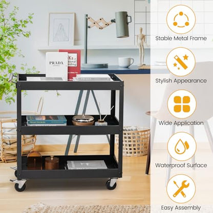 Goplus 3-Tier Utility Cart, Heavy Duty Commercial Service Tool Cart w/Lockable Wheels, 330lbs Load Capacity, Ergonomic Handle, Rolling Mechanic Tool Cart Storage Organizer for Warehouse Garage Black - color: Black