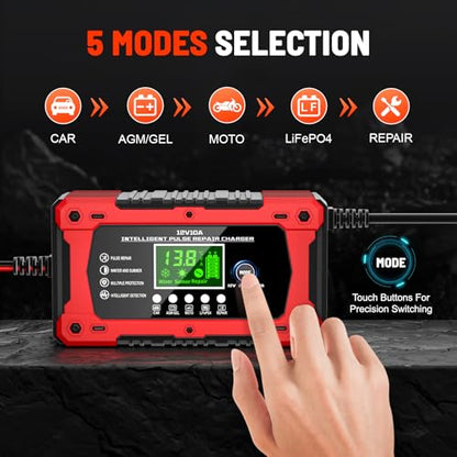 10A 12V Battery Charger for Car Fully Automatic Smart Trickle Charger & Maintainer with LCD Display, Temperature Compensation for Truck, Motorcycle, Boat, Lawn Mower - color: Light Red