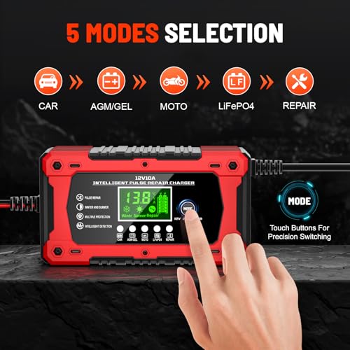 Car Battery Charger 12V 10A Automatic Smart Trickle Charger & Maintainer | Temperature Compensation LCD Display 8 In 1 Protection Suitable for Car Truck Motorcycle Lawn Mower Boat - color: Light Red