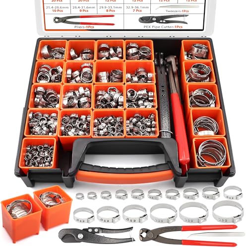 560PCS 304 Stainless Single Ear Hose Clamps Kit for PEX & Auto | 22 Sizes (5.3-36.1mm) with Pro Crimp Tool,360° Leak-Proof & Vibration-Resistant for Plumbing,Marine,and Fuel Lines - color: 560pcs-22sizes