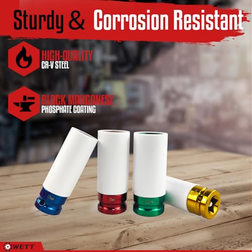 WETT 4Pcs 1/2 Inch Lug Nut Socket Set, Wheel Protector Thin Wall Deep Impact Socket, CR-V Steel, 6 Point, Metric, 17mm, 19mm, 21mm, 22mm, Plastic Socket Lug Nut - size: 4Pcs Metric
