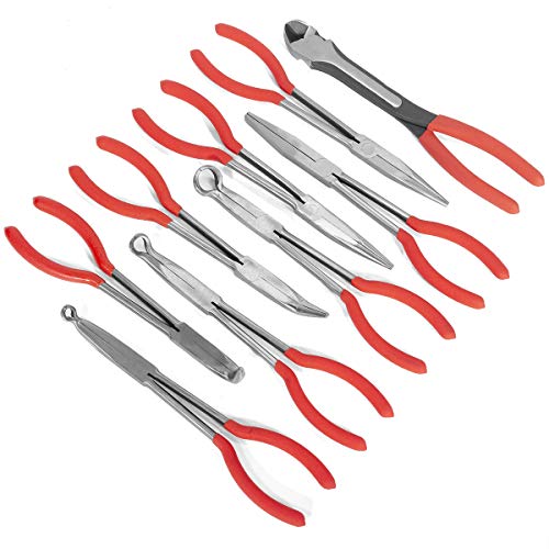 XtremepowerUS 9 Pieces 11" Long Reach Needle Mechanics Electricians Craft & Hobby Nose Pliers 45° Bent Nose，90° Bent Nose Plie Diagonal Pliers for Narrow Spaces with Pouch Set