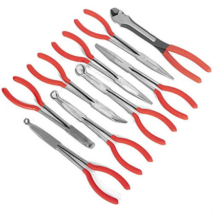 XtremepowerUS 9 Pieces 11" Long Reach Needle Mechanics Electricians Craft & Hobby Nose Pliers 45° Bent Nose，90° Bent Nose Plie Diagonal Pliers for Narrow Spaces with Pouch Set