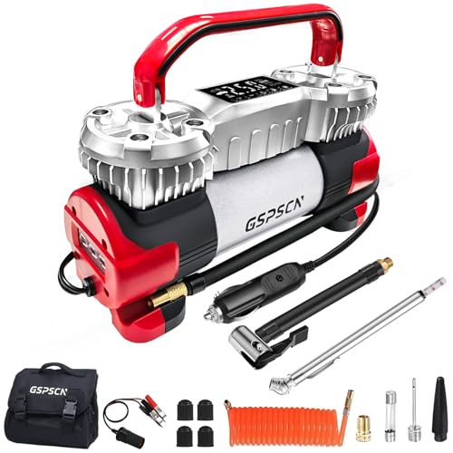 GSPSCN Digital Tire Inflator 12V Heavy Duty Metal Portable Air Compressor | 6X Faster Inflation Auto Shut-off Dual Cylinder Air Pump 150PSI LED Light w/Pencil Pressure Gauge for Car,Pickup,SUV,RV,Balls - color: Red