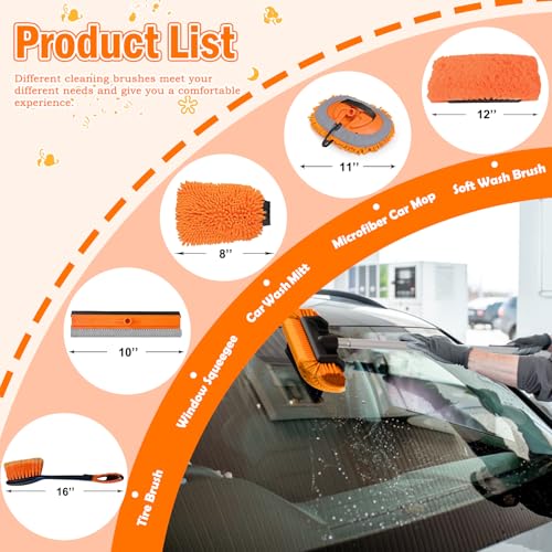 LAANPOLE 16FT Car Wash Brush with Long Handle, Car Cleaning Kit with Soft Bristle Wash Brush, Microfiber Cleaning Mop, Window Squeegee, Mitt, Wheel Brush for RV, Truck, Boat, House Siding - size: 16FT