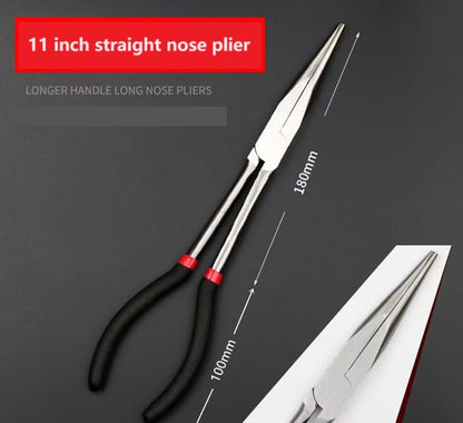 Extra Long Needle Nose Plier, 11" or 16" Straight head Plier with Insulated Comfort Grip Handle, 90 Degree Curved Plier, O-shape Tip plier, Craft Repairing Tool (11 inch straight nose/head)