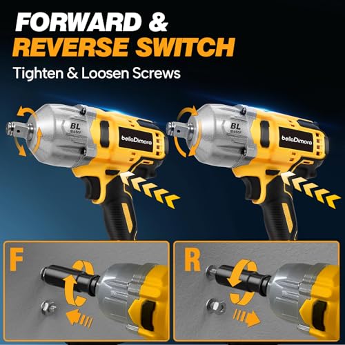 bellaDimora Cordless Impact Wrench Compatible with Dewalt 20V Battery | Brushless Motor, Auto-Stop Reverse, LED Light, 32-Piece Kit, Tire Change, Lug Nuts & Rusted Bolts (No Battery)
