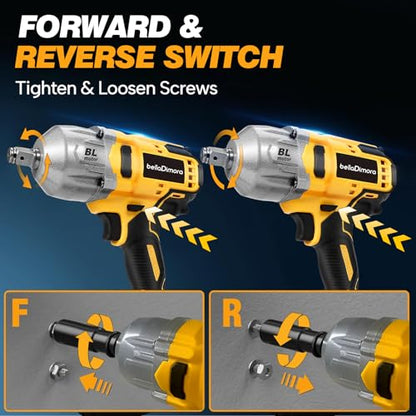 bellaDimora Cordless Impact Wrench Compatible with Dewalt 20V Battery | Brushless Motor, Auto-Stop Reverse, LED Light, 32-Piece Kit, Tire Change, Lug Nuts & Rusted Bolts (No Battery)