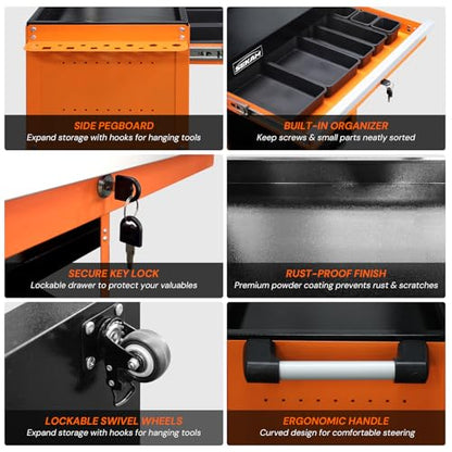 SEKAM 3-Tier Rolling Tool Cart: Heavy Duty Mechanic Service Cart with Drawer for Garage & Warehouse – Metal Utility Trolley Organizer with Locking Wheels & Screwdriver Holder (440LBS Capacity)