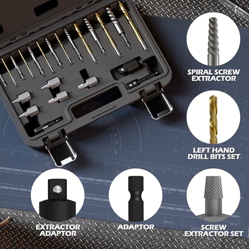 22-Piece Screw Extractor & Left Hand Drill Bit Set, Easy Out Bolt Remover Kit with 3 Adapters for Broken, Rusted, Stripped Nuts, Screws & Studs - size: 22PCS