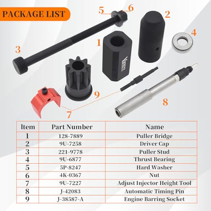 9U-6891 Injector Sleeve Remover Installer Set + J-42083 Automatic Timing Pin + 9U-7227 Injector Height Tool + J-38587-A Engine Barring Socket Fits for CAT Caterpillar 3406E C15 C16 Engines - size: 9pcs