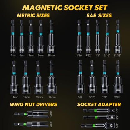 Upgraded 54-Piece Impact Magnetic Nut Driver Set, 1/4" Metric & SAE Impact Drill Driver Bit, Wing Nut Driver, Screwdriver Bit, Socket Adapters, Quick-Release Extension, Bit Extension Holder