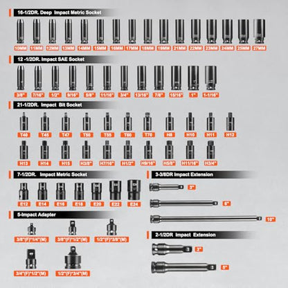 VEVOR Impact Socket Set 130 Piece 3/8" & 1/2" - SAE & Metric Drive Socket Set - 6 Point Cr-Mo Alloy Steel for Auto Repair - Easy-to-Read Size Markings - Includes Storage Case - style: 1/2" & 3/8" 130PCS CR-MO