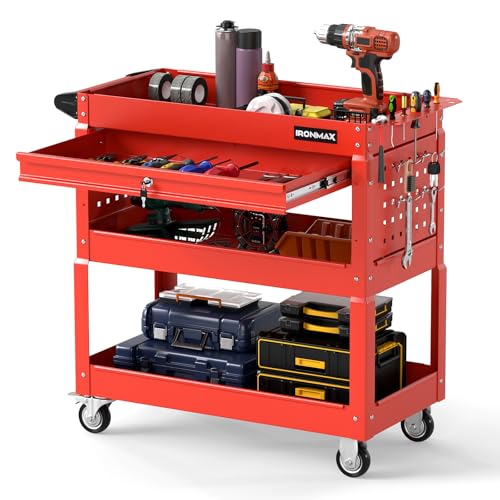 Goplus 3 Tier Rolling Tool Cart with Lockable Drawer, Heavy Duty Metal Utility Cart on Wheels with Pegboards & Hooks, Mechanic Tool Storage Organizer for Garage, Warehouse & Workshop (Red) - color: Red