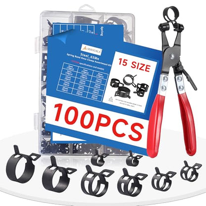 100Pcs Spring Band Hose Clamps Assortment 6-25mm with Swivel Flat Hose Clamp Plier – Carbon Steel Constant Tension Clamps for Auto, Fuel Line, Plumbing & DIY - size: Black-100Pcs-15Size(6-25mm)
