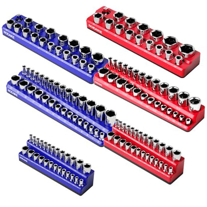Magnetic Socket Organizer,6-Pack SAE & Metric 1/2,3/8,1/4 Inch Drive Sockets Holder,Holds 141 Standard/Deep Sockets,Blue and Red Magnetic Socket Tray(Sockets Not Included) - size: 1/2",3/8",1/4"SAE&METRIC/6PCS