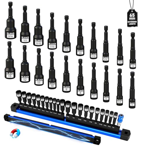 22-Piece Magnetic Nut Driver Set, Metric & SAE (5-13mm & 1/4"-9/16"), 65mm Long, 1/4" Hex Shank Drill Socket Set, Wing Nut-Driver Bit, Quick-change Extension, Magnetic Aluminum Storage Rail - style: Hex with Storage Rail
