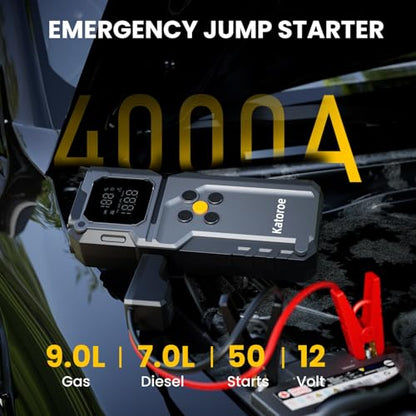 Jump Starter with Air Compressor, Jump Box 4000A Portable Jump Starter (9.0L Gas/7.0L Diesel), 12V Car Battery Jumper Starter with 150PSI Tire Inflator, Display, 3 Mode Flashlight - color: coal black