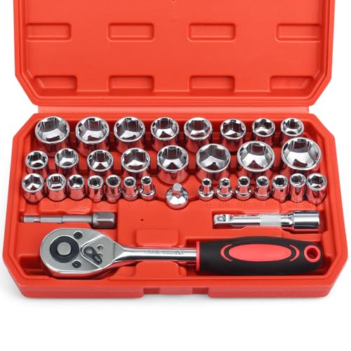 Egofine 34 Pieces 3/8 inch Drive Socket Ratchet Wrench Set, with Socket Set Metric/SAE and Extension Bar for Auto Repairing and Household, with Storage Case - style: 3/8" 34 PCS