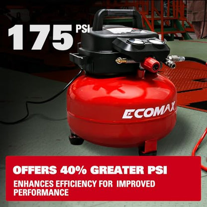 ECOMAX 6 Gal Pancake Air Compressor 175PSI, 3 CFM @ 90 PSI w/25 FT Air Hose | Oil-Free Pump, Dual Quick Couplers, 1.5HP Compressor for Air Tools, Car Tires, Garage & Shop - style: Air Hose