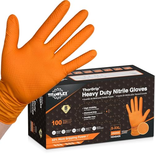 TitanFlex Heavy Duty Industrial Orange Nitrile Gloves, 8-mil, Gloves Disposable Latex Free with Raised Diamond Texture Grip, Powder Free, Rubber Glove, Mechanic Gloves,100-ct Box (Medium) - color: 02 8mil (100ct), size: Medium