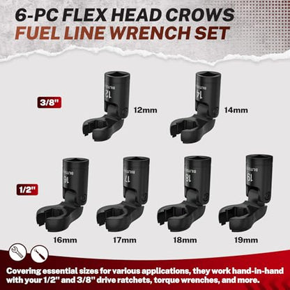 BILITOOLS 6PCS Flex Head Crows Foot Line Wrench Set, 3/8" & 1/2" Drive | Injector Fuel Line Sockets Wrench Set, Crowfoot Flare Nut Socket Wrench, Metric 12 14 16 17 18 19 mm, Storage Box - style: Short Flex Head Wrench Set