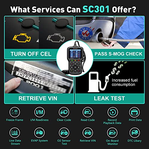 CGSULIT Car Code Reader SC301 OBD2 Scanner with Smog Check & Check Engine Light Reset, Read/Clear Error Code, Live Data, DTC Lookup, On-Board Monitor Test, Diagnostic Scan Tool for Cars After 1996