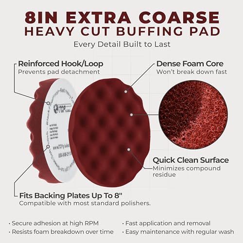 TCP Global 8" Red Waffle Foam Buffing Pad Hook and Loop Backing - Extra Coarse Buffing Pad for Polishing, Automotive, Marine, Truck, RV & Compound Cutting, Car Polishing Pads - color: Red