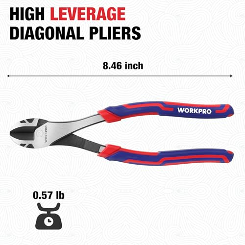 WORKPRO 8 Inch High Leverage Diagonal Pliers, CRV Steel & Anti-Slip Handle | Heavy Duty Wire Cutters / Diagonal Cutters for Cutting Copper, Brass, Iron, Aluminum & Steel Wires