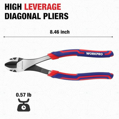 WORKPRO 8 Inch High Leverage Diagonal Pliers, CRV Steel & Anti-Slip Handle | Heavy Duty Wire Cutters / Diagonal Cutters for Cutting Copper, Brass, Iron, Aluminum & Steel Wires