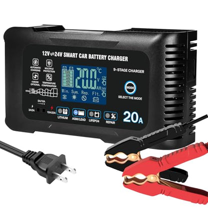 20Amp: 12/24V Smart Car Battery Charger – Automatic Maintainer, Trickle Charger & Desulfator with Overcharge Protection & Temperature Compensation – for Lead-Acid & Lithium & LiFePO4 Batteries - color: Black