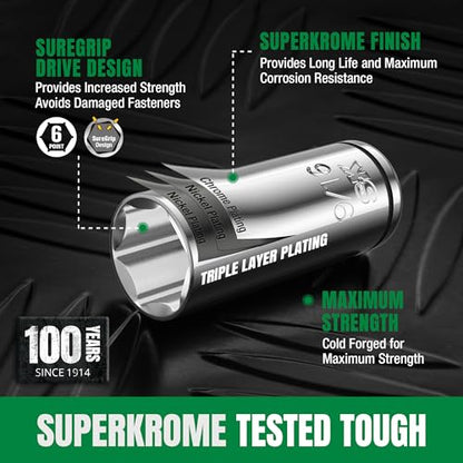 SK 1/4" Drive Socket Set with 216-P Ratchet, SAE & Metric, CR-V Steel | 50-Piece Sockets with Quick-Release Ratchet, SuperKrome Finish, Heat Treated, with Storage Suitcase - size: 1/4" Drive