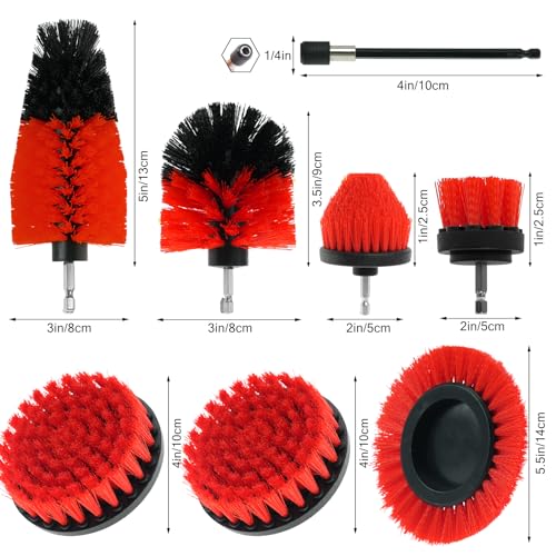 8 Pcs Drill Brush Attachment Set, Power Cleaning Scrub Brush Kit with Extend Long Attachment, All Purpose Drill Scrub Brushes for Car, Grout, Floor, Tub, Bathroom and Kitchen (red) - color: Red