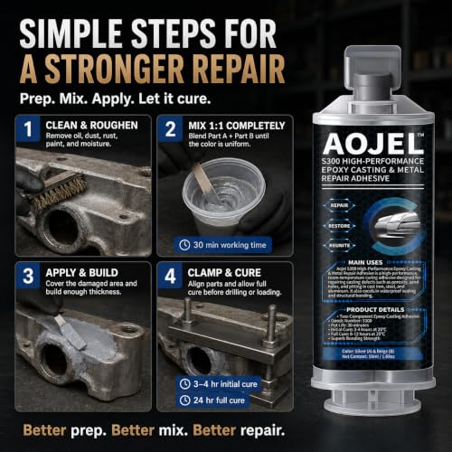 Metal Epoxy Repair System for Aluminum & Metal, 2-Part Cold Weld Load-Bearing Waterproof, Oil & Heat Resistant 392°F, Drillable Sandable Paintable, 30-Min Working Time 1.69 oz
