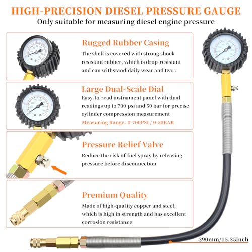 46PCS Compression and Leakage Test with Dual-Scale Diesel Pressure Gauge | Petrol & Diesel Dual Gauge Engine Compression Tester for HDI, TDCi, Pumpe Duse Engine, Automotive Cylinder Leak Down Tester