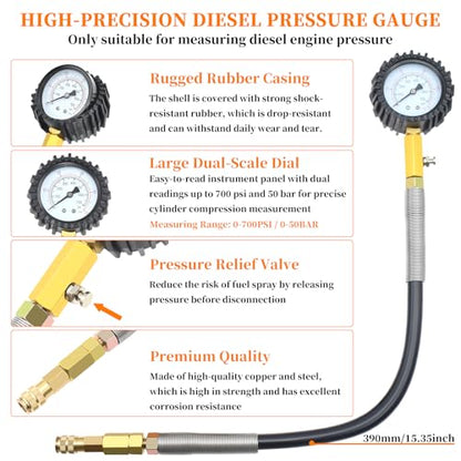 46PCS Compression and Leakage Test with Dual-Scale Diesel Pressure Gauge | Petrol & Diesel Dual Gauge Engine Compression Tester for HDI, TDCi, Pumpe Duse Engine, Automotive Cylinder Leak Down Tester