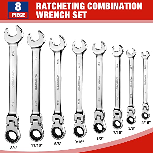 WORKPRO Ratcheting Combination Wrench Set, 8-piece Flex-Head Anti-Slip Set Metric 8-17 mm, 72-Teeth, Cr-V Constructed, Black Electrophoretic Coating with Rolling Pouch - size: SAE, style: Mirror Polished