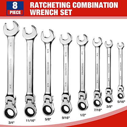 WORKPRO Ratcheting Combination Wrench Set, 8-piece Flex-Head Anti-Slip Set Metric 8-17 mm, 72-Teeth, Cr-V Constructed, Black Electrophoretic Coating with Rolling Pouch - size: SAE, style: Mirror Polished