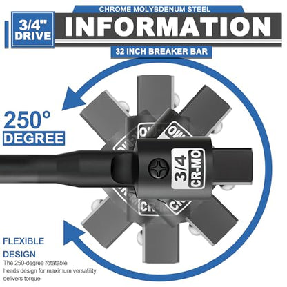 3/4” Drive 32 Inch Breaker Bar, Heavy Duty Head, Premium Chromium-Molybdenum Steel, Laser Etched Marking, for Loosen Rusted, Stubborn, Stuck Nuts and Bolts - size: 3/4 32 inch