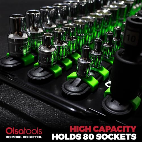 Olsa Tools Portable Socket Organizer Tray - Black Rails with Green Clips - Holds 80 Sockets - Professional Quality Socket Holder - Part 1024 - color: Black Tray/Green Clips