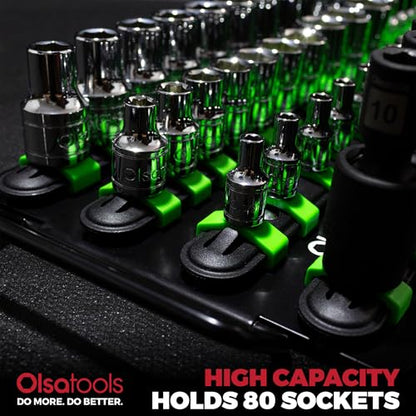 Olsa Tools Portable Socket Organizer Tray - Black Rails with Green Clips - Holds 80 Sockets - Professional Quality Socket Holder - Part 1024 - color: Black Tray/Green Clips