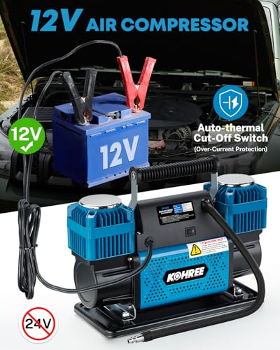 Kohree 12V Dual Cylinder Air Compressor, 12.35 ft³/Min Fast Tire Inflator | Portable, Heavy Duty, Tire Pump with Max 150 PSI for Offroad Truck, RV, 4x4 Vehicles - style: Basic-Dual Cylinder