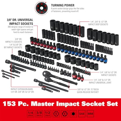 STARWORK TRUE MECHANIC 153-Piece 1/4", 3/8", 1/2" Drive Master Impact Socket Set, Professional, SAE/Metric