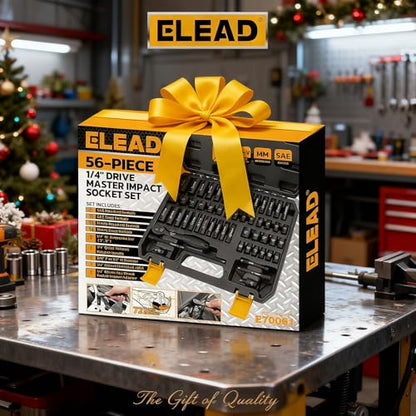 ELEAD 1/4" Drive Impact Socket Set, 56-Piece Standard SAE (5/32 to 9/16 inch) and Metric (4-15mm) Size, Deep & Shallow, 6 Point, Cr-V, 72-Tooth Ratchet Handle, Extension Bar, Universal Joint - style: 1/4'' Drive Impact Socket Set