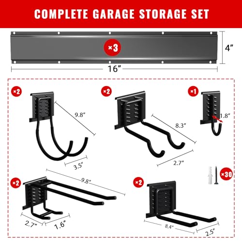 Garage Tool Organizer Wall Mount, Easy to 48inch Install Heavy-Duty Garage Storage System with 9 Adjustable Hooks, Garden Tool Rack for Shovels, Rakes, Yard Tools - size: 48" System - 9 Piece Set