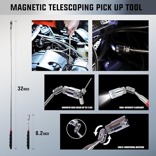 WORKKOOL 26PCS Car Tool Kit with Stainless Steel Assorted 5th Wheel Pin Puller,68 inches Long Distance Puller Hook, Air Wedge and Magnetic Pickup Tool with Flashlight